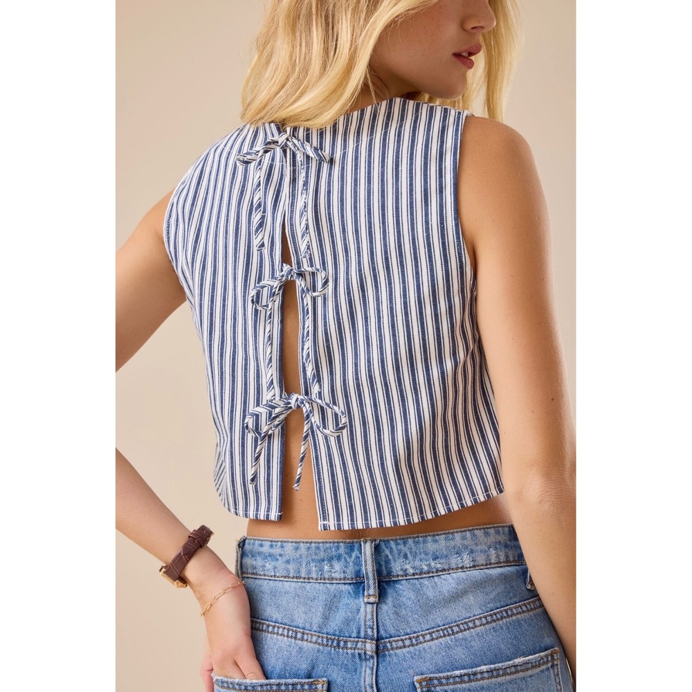 NWOT Altar'd State Striped Tie‎ Back Crop Top Blue White Cotton Boho Size L